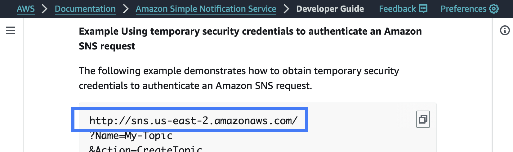 A screenshot of the AWS documentation page "Using temporary security credentials with Amazon
            SNS", retrieved on 2024-07-01.