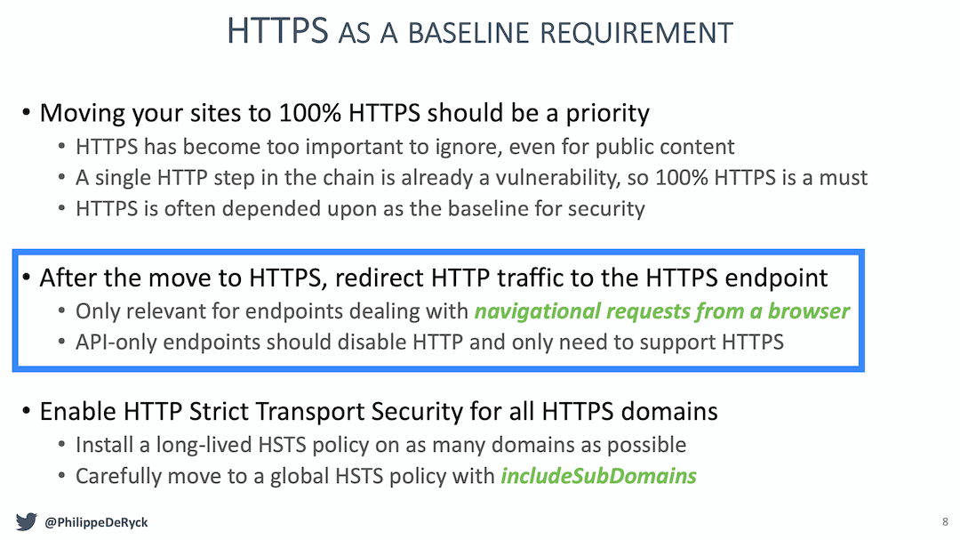 Slide 8 of "Common API Security Pitfalls": "API-only endpoints should disable HTTP and only need to support HTTPS."